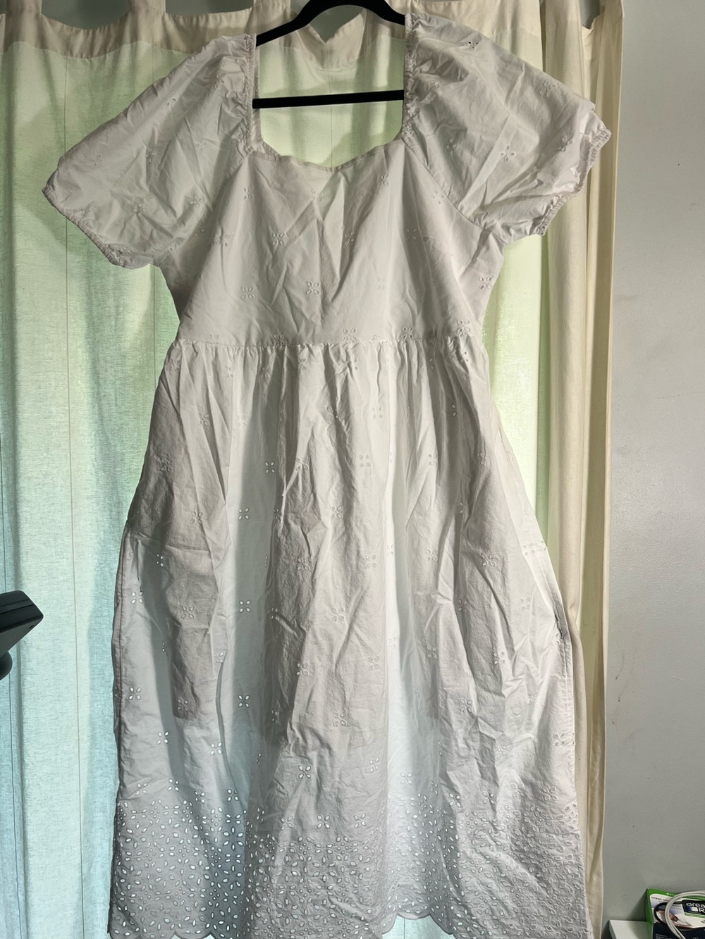 White Eyelet Puff Sleeve Summer Dress with Open Tie Back